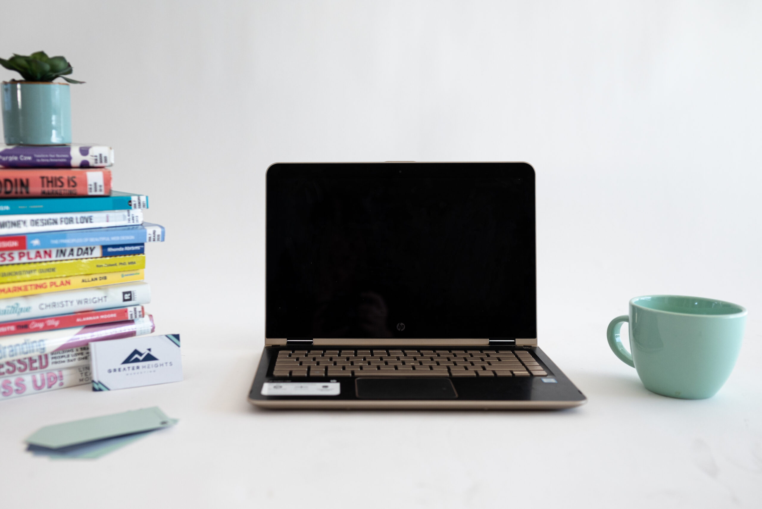 Laptop, stack of books and plant